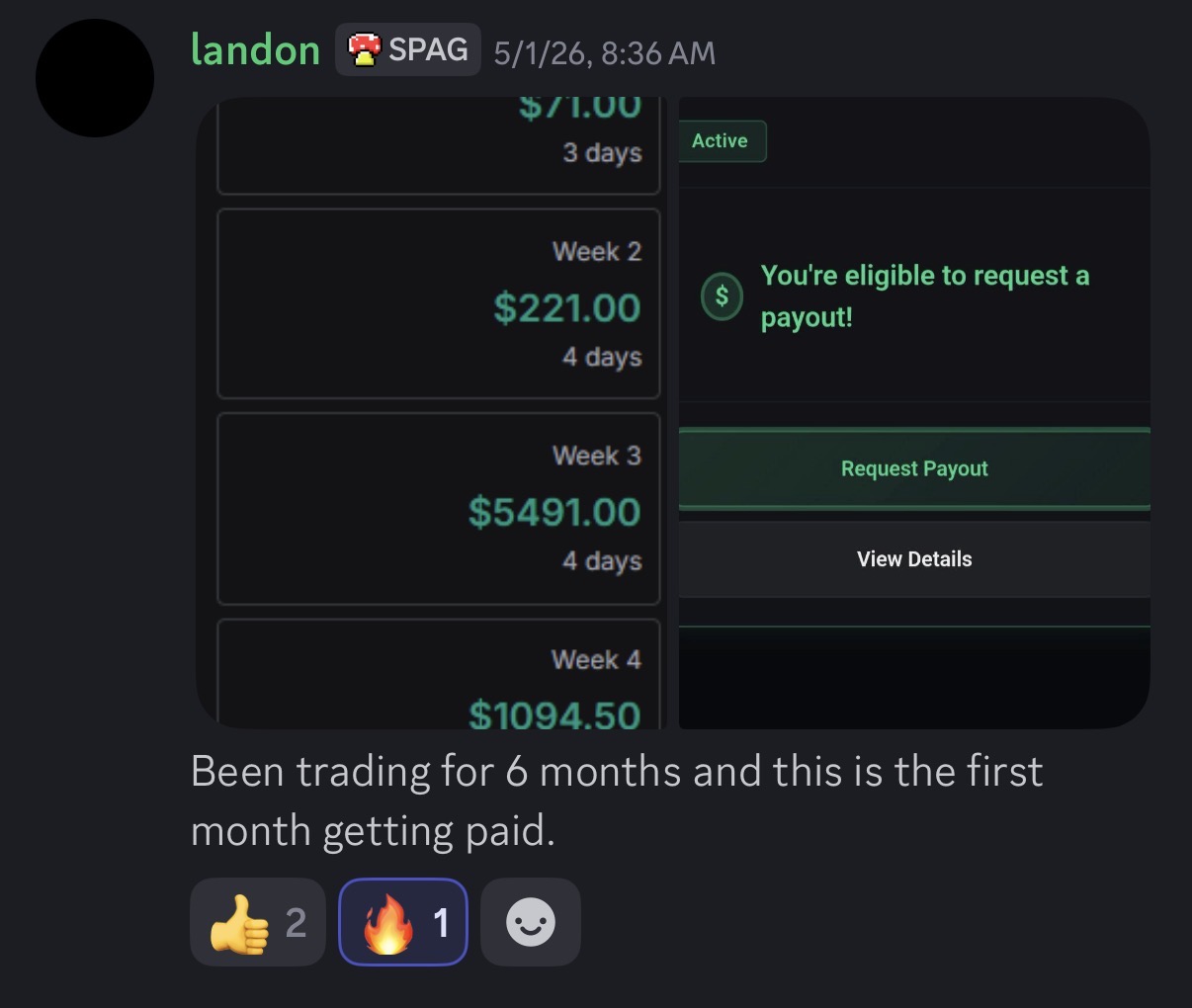 Student payout and review screenshot